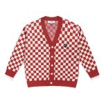 CDG Red Checkered Cardigan front view with heart logo