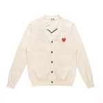 CDG Men’s Red Heart V-Neck Cardigan (Off-White) front view with red heart logo