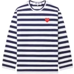 CDG PLAY Rhinestone Heart Striped L/S Tee (White/Navy)