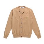 CDG Men’s Khaki V-Neck Cardigan front view with heart logo