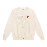 CDG Women’s Red Heart Round-Neck Cardigan (Off-White) front view with red heart logo